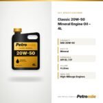 PetroMile Classic 20W-50 Mineral Engine Oil – 4L – Specifications